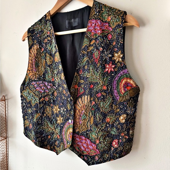 Vintage Hand Beaded Batik Vest Bird Floral Sequin Boho Folk Art to Wear Size M - Picture 3 of 14
